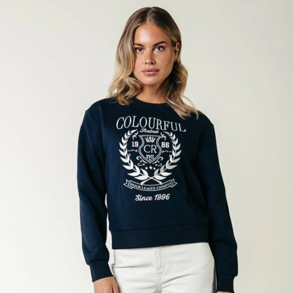 COLOURFUL REBEL SWEATER COLLEGE 1986 EMBRO NAVY