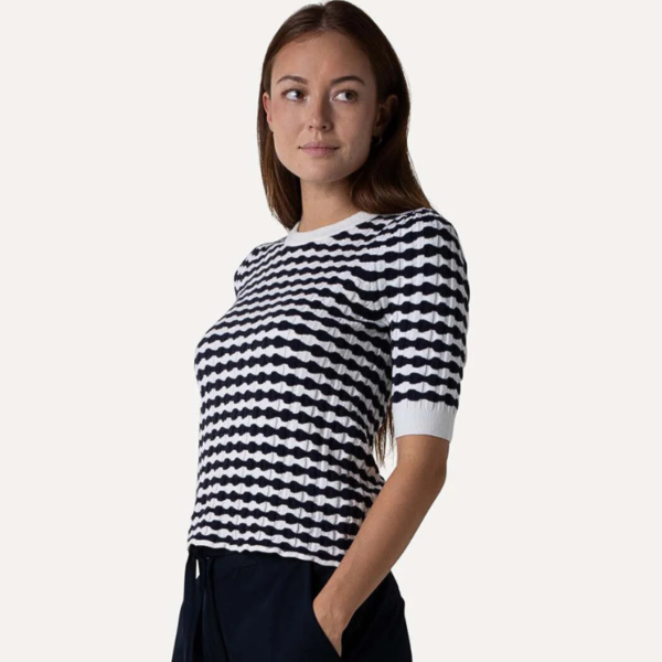 ANOTHER-LABEL TOP ASTER KNITTED PULL S/S SARGASSO WHITE STRIPE