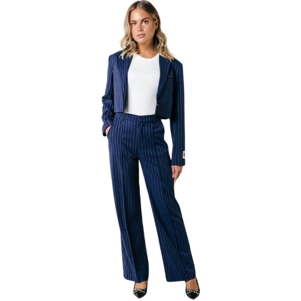 COLOURFUL REBEL PANTS RUS PINSTRIPE PINTUCK STRAIGHT DARK BLUE