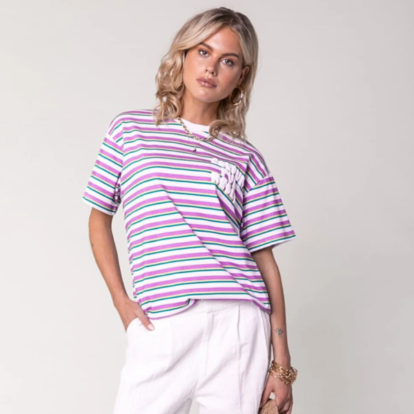 COLOURFUL REBEL T-SHIRT PUFF LOGO STRIPE LOOSEFIT TEE PINK